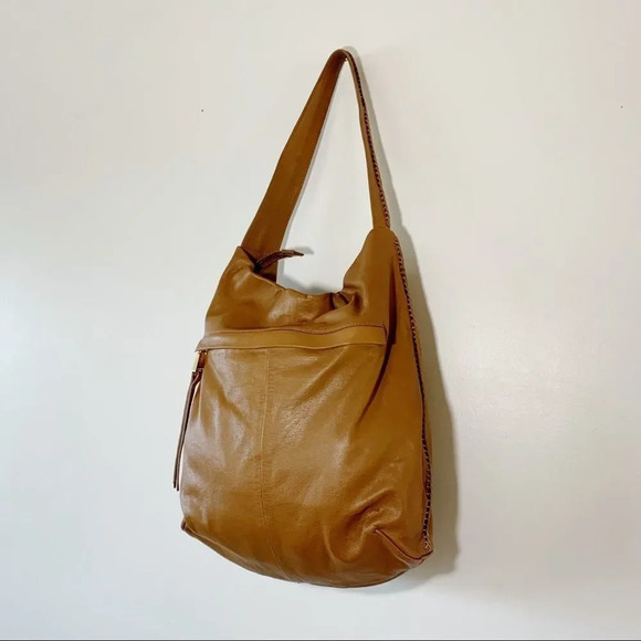 Christopher Kon Caramel Leather Hobo Bag Boho Tan Slouchy 70s‎ Vibes Whipstitch - Picture 3 of 12